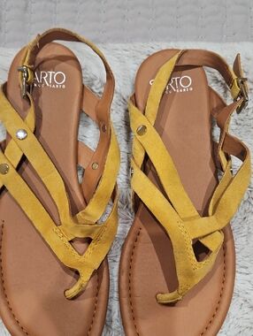 Franco Sarto Mustard Yellow Suede Strappy Ankle Buckle Sandals